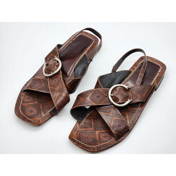 Prada - Cross Strap Leather Slingback Sandal Slide Low Heel Brown Size 40 - Picture 1 of 12